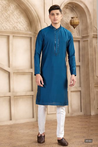 Modish Blue Mirror Work Embroidery Kurta Pajama