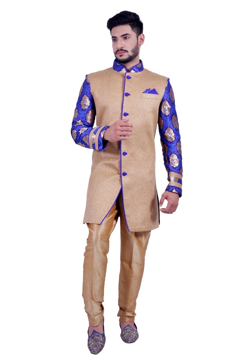 Natural Jute &  Persian Blue  Indowestern Sherwani  RK1092