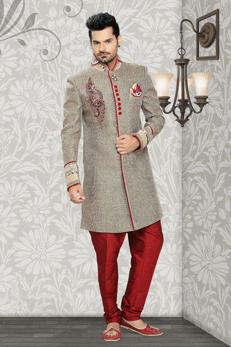 Pristine Beige & Grey Color Silk Indo Western Sherwani