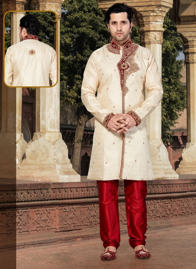 Cream Color Ravishing Jacquard Indo Western Sherwani
