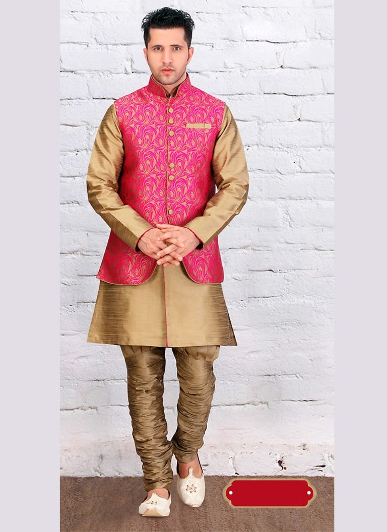 Attractive Look Brown Color Dupioni Raw Silk Indo Western Sherwani