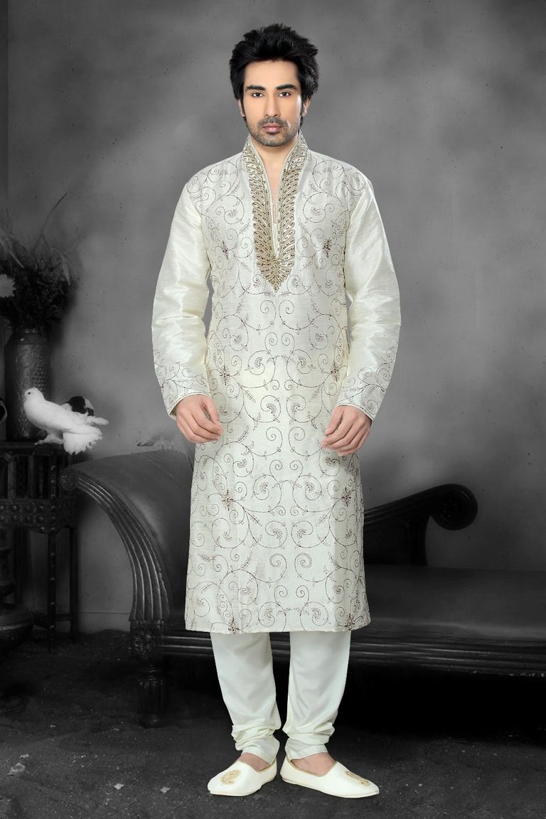White Color High Neck Kurta Payjama