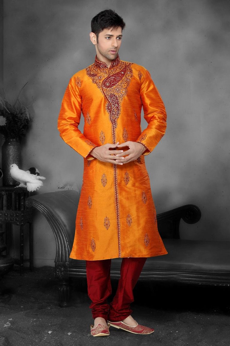 Orange Color Ethnic embroidery Kurta Payjama
