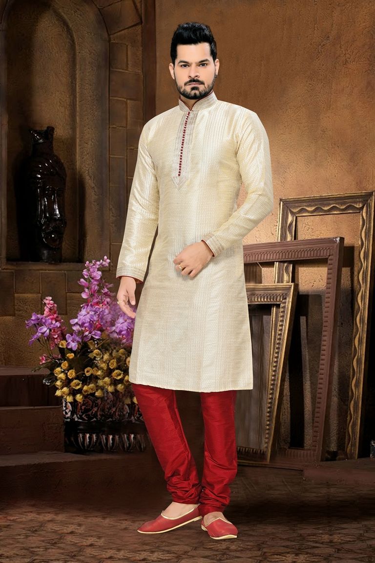 Cream Art Silk & Jacquard  Embroidery Kurta Payjama