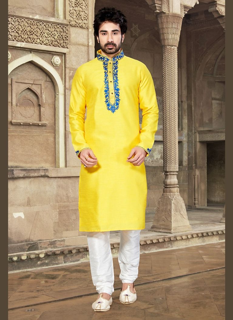 Dupion Raw Silk Yellow Kurta Payjama