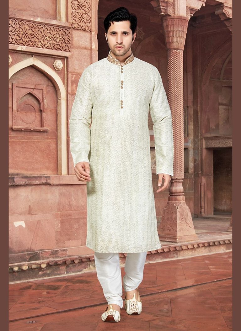White Color Engrossing  Kurta Payjama