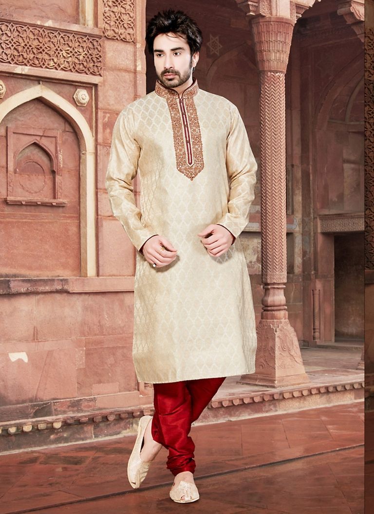 Cream Color Ornet Kurta Payjama