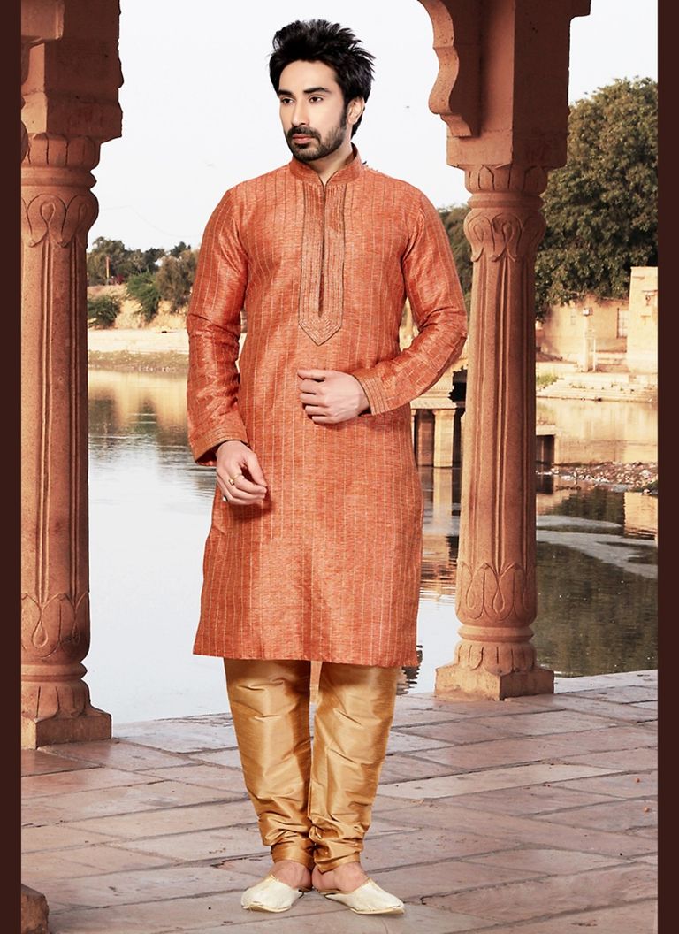 Raw Silk Orange Kurta Payjama