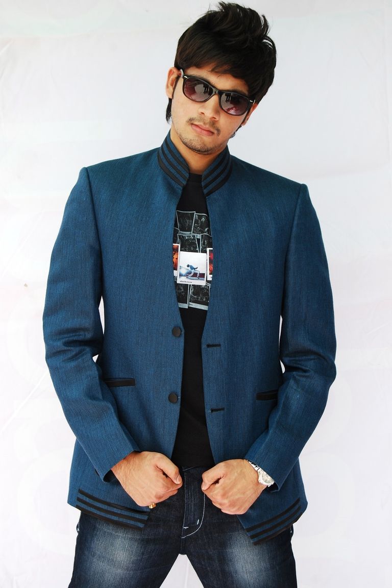 Sporty Blue Stand Collar Linen Blazer BL5014