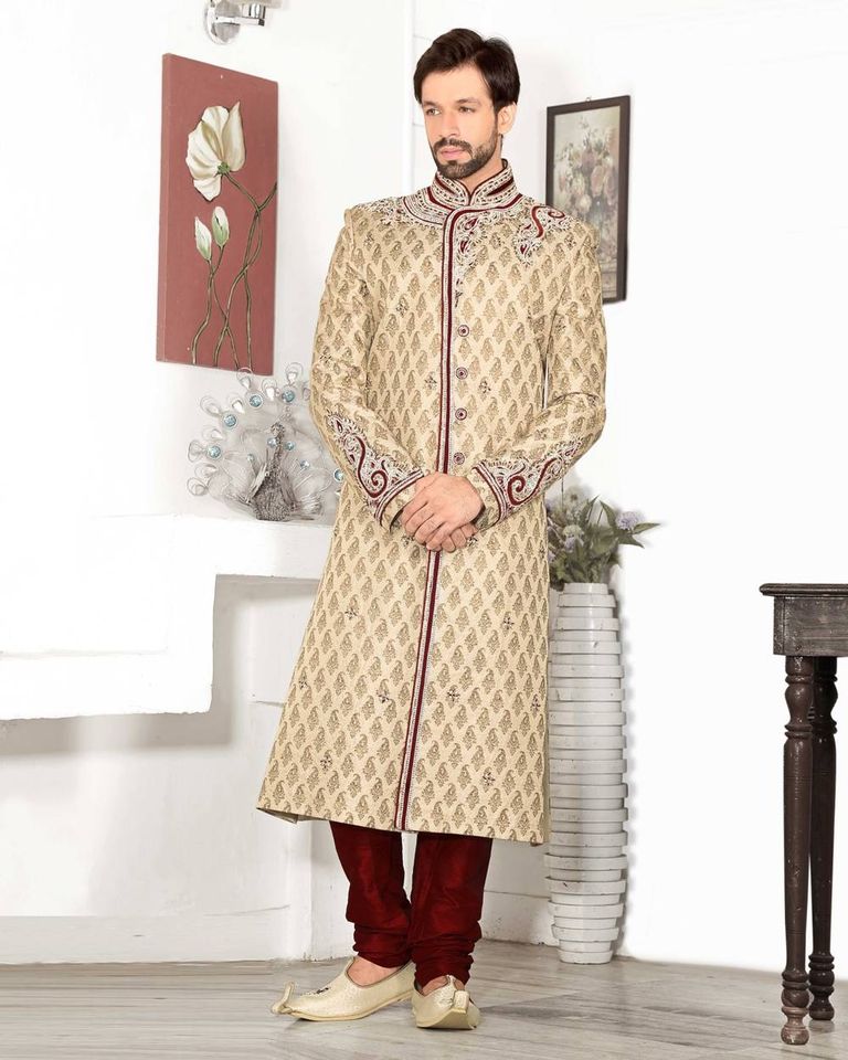 Pleasant Look Banarasi Beige Cream Royal Sherwani