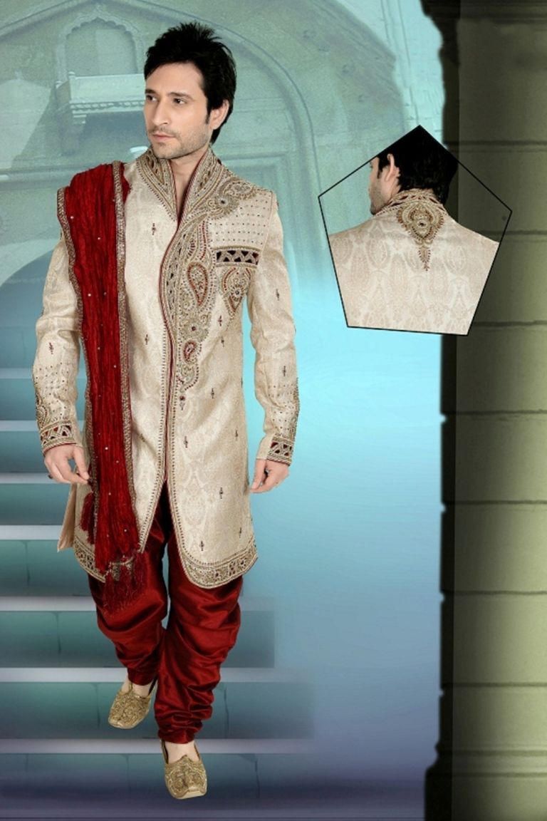 Pin Tuck Charm Cream Color Mens V Neck Royal Sherwani