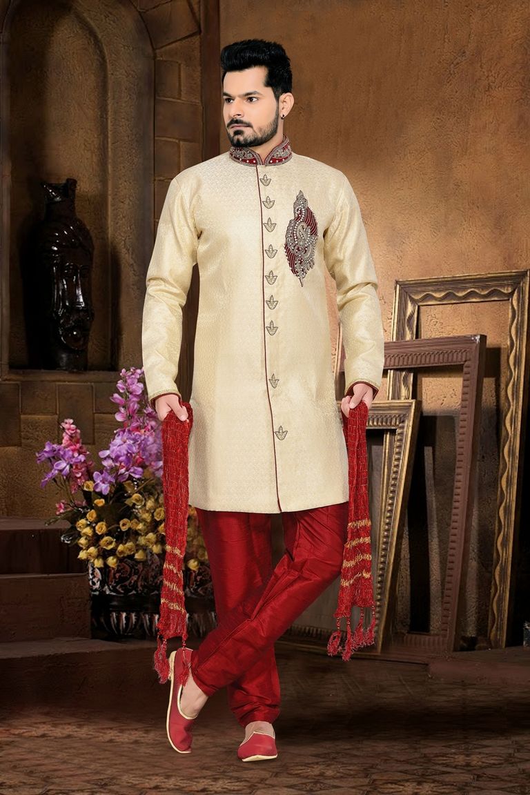 Gorgeous Look Mens Cream Color Royal Sherwani
