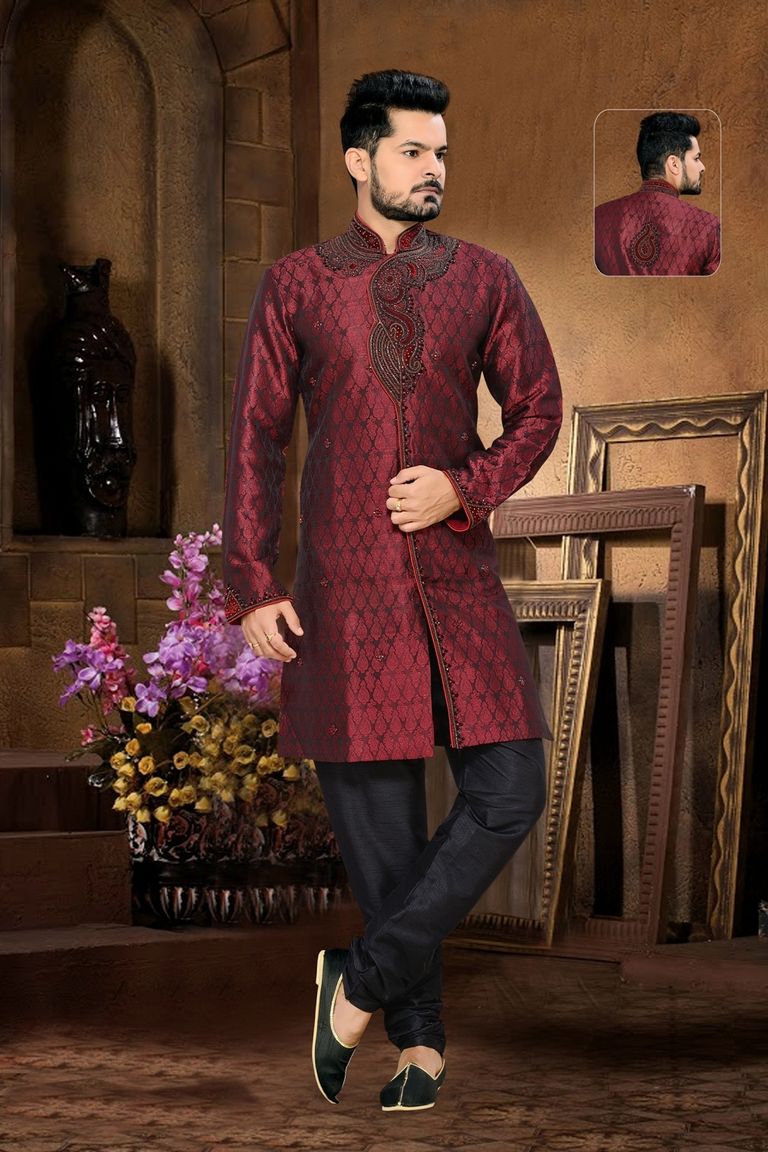 Designer Collection Kalamkari Maroon Color Royal Sherwani