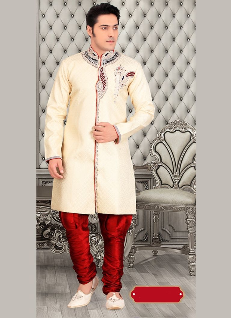 Attractive Look Mens Chinese Collar Cream Royal Sherwani