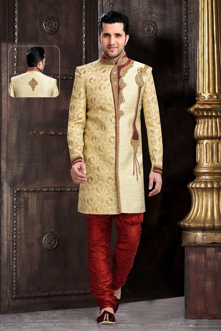 Voguish Chinese Collar Cream Royal Sherwani
