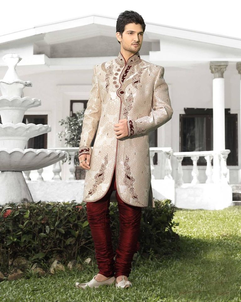 Glam Ochre Mens White Color Royal Sherwani
