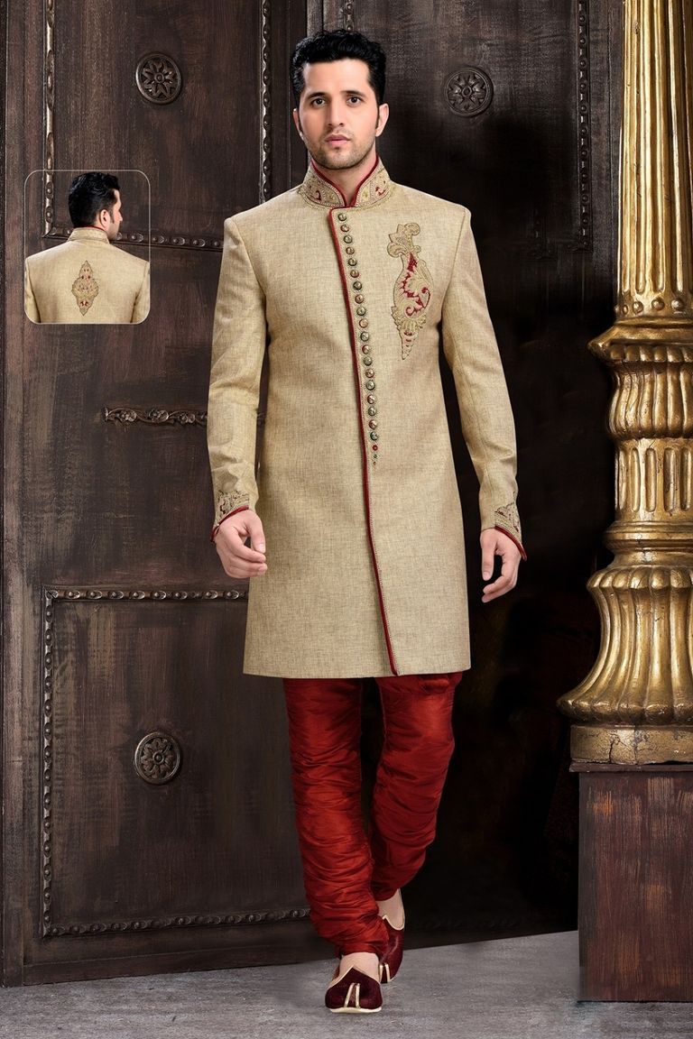 Mens Elegant Look Chinese Collar Brown Royal Sherwani