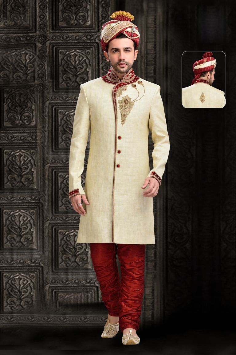 Glamour Mens Chinese Collar Cream Royal Sherwani
