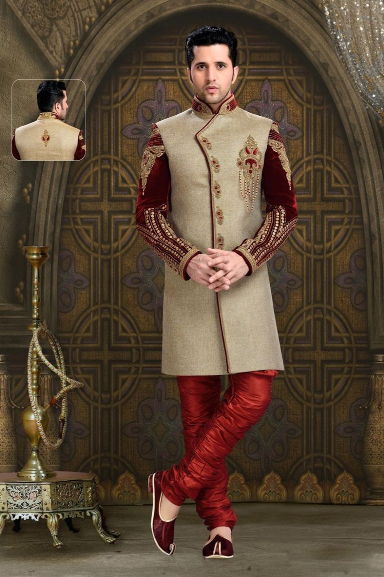 Smart Looking Mens Chinese Collar Brown Royal Sherwani