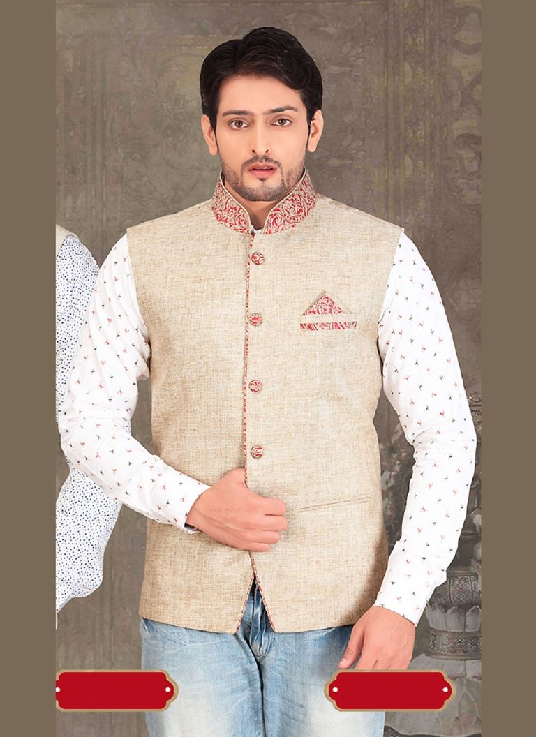 Beige Color Jute Nehru JacketFor Special Occasion