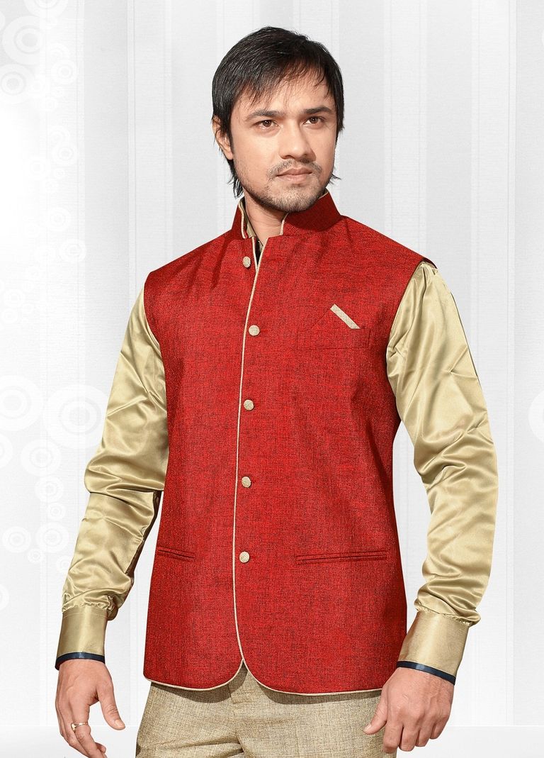 Flamboyant Red Color Linen Nehru Jacket