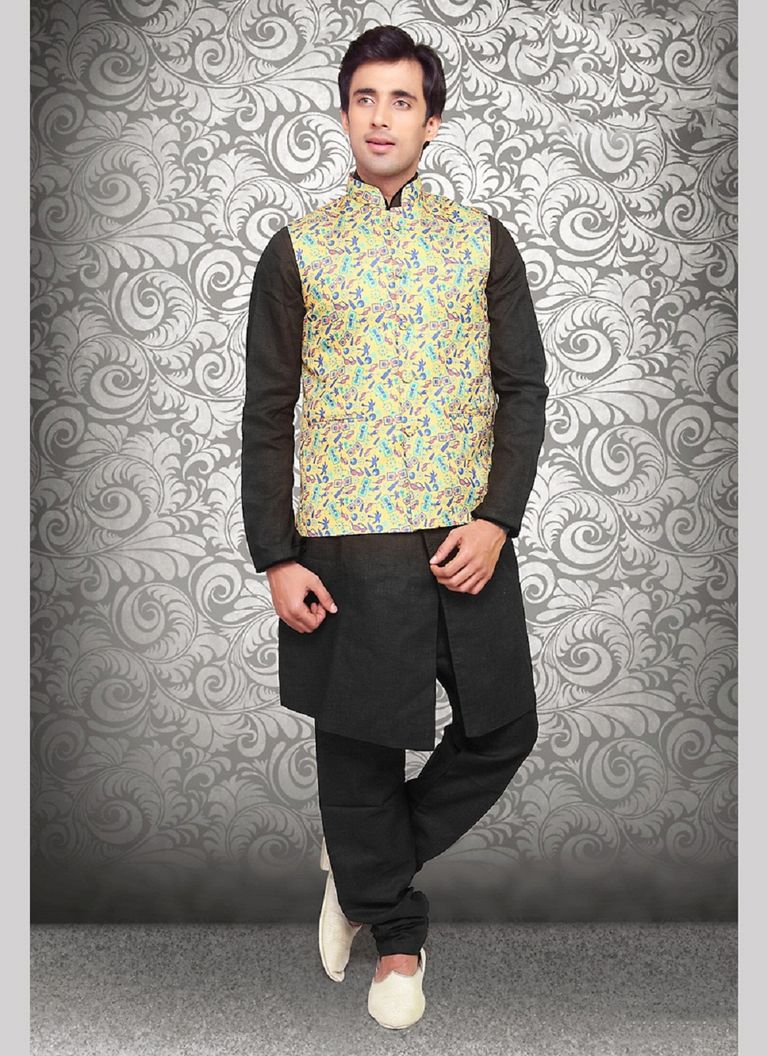 Distinctive Look Yellow Color Jute Nehru Jacket