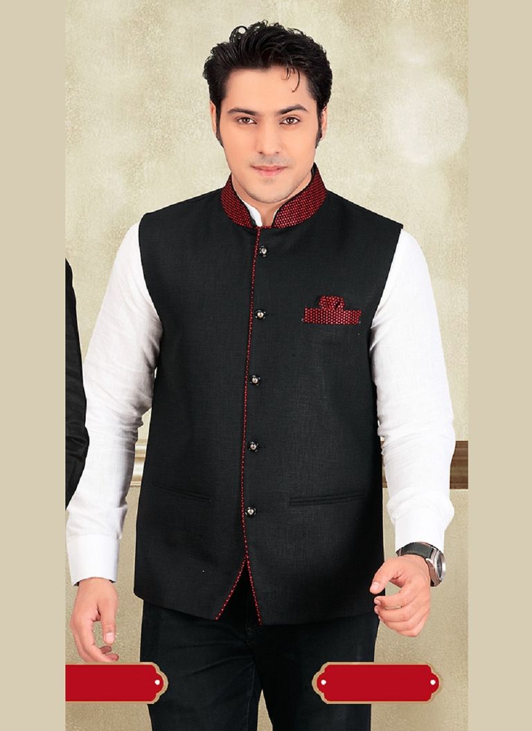 Carnelian Black Color Jute Nehru Jacket