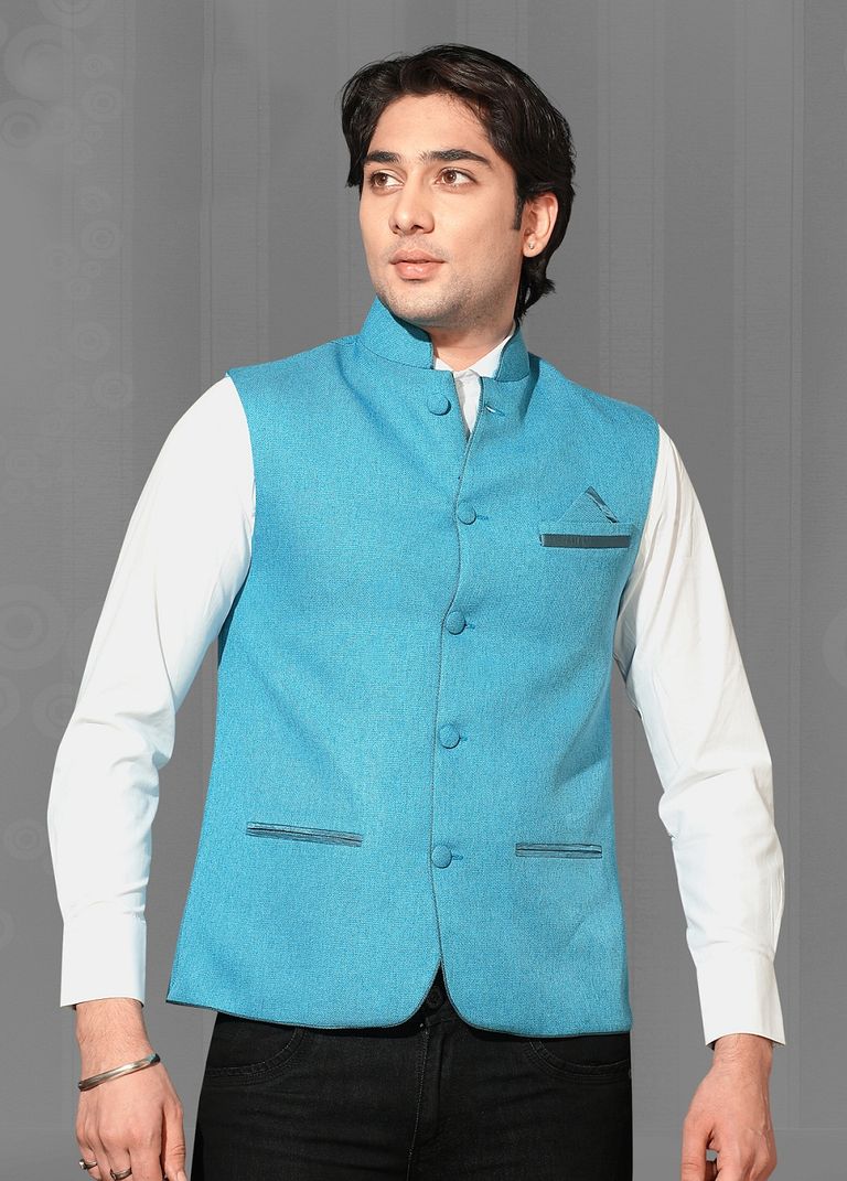 Complete Ethnic Look Blue Color Nehru Jacket