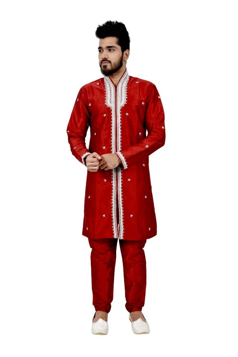 Maroon Artsilk Embroidered Sherwani