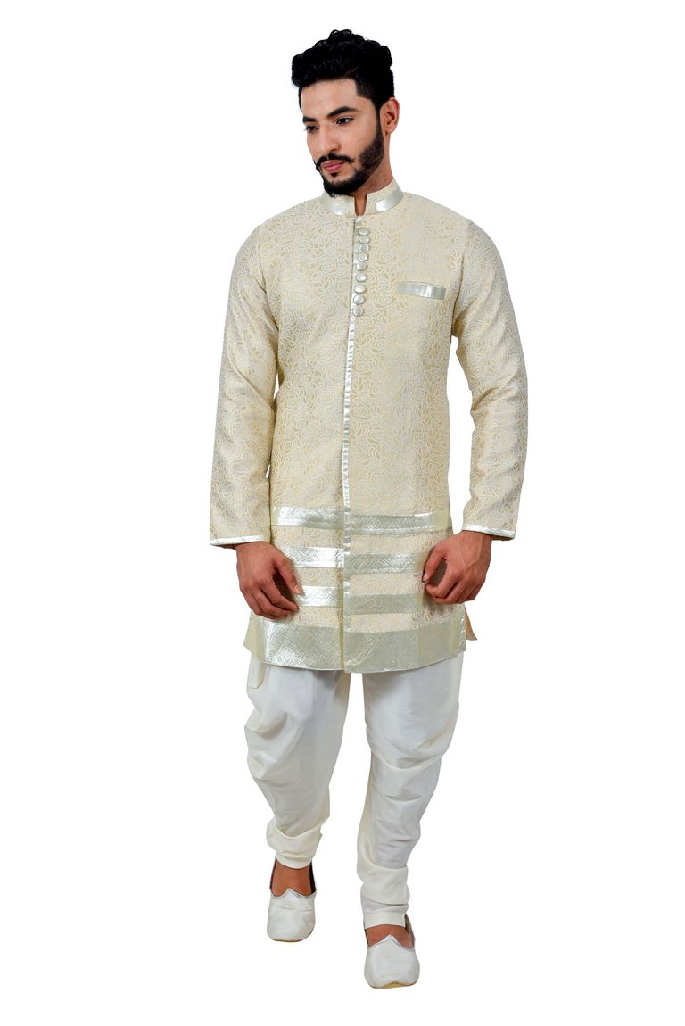 Cream Cottanbrocadesilk Indowestern Sherwani