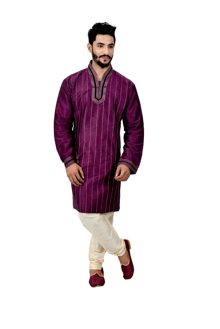 Purple Artsilk Wedding Kurta Pajama