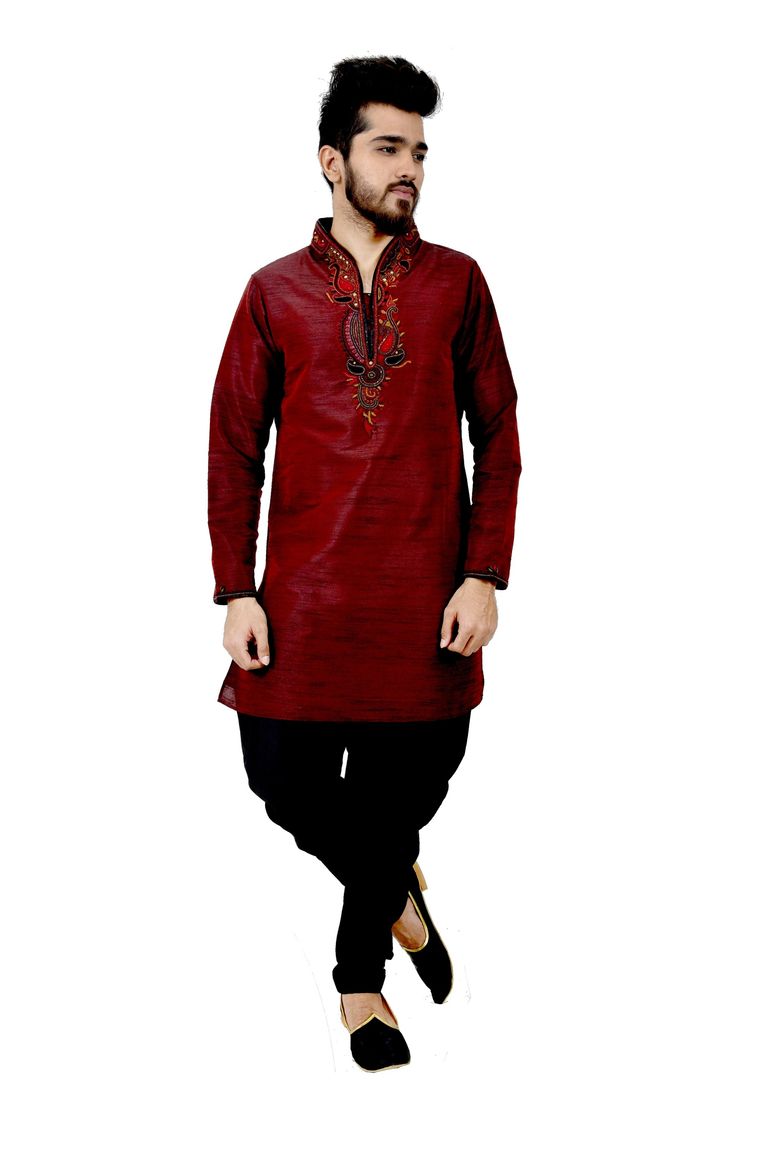Darkmaroon Artsilk Wedding Kurta Pajama