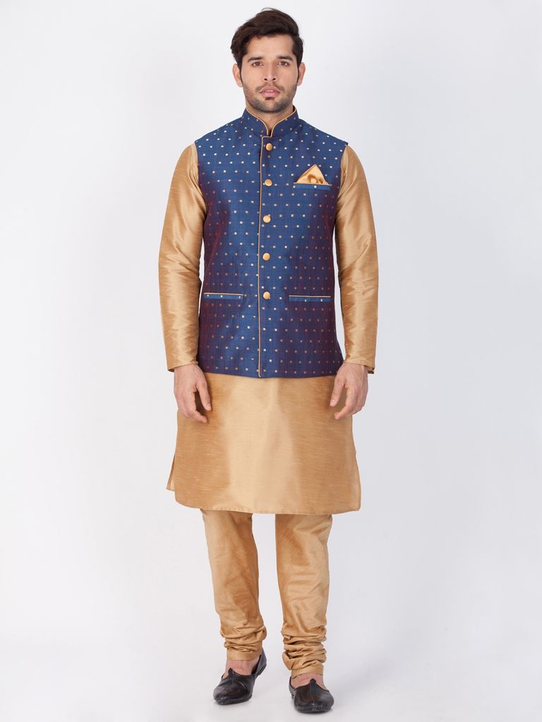 Gold Kurta Pajama With Egyptian Blue Jacket