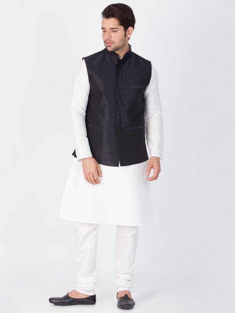 White Kurta Pajama With Black Jacket