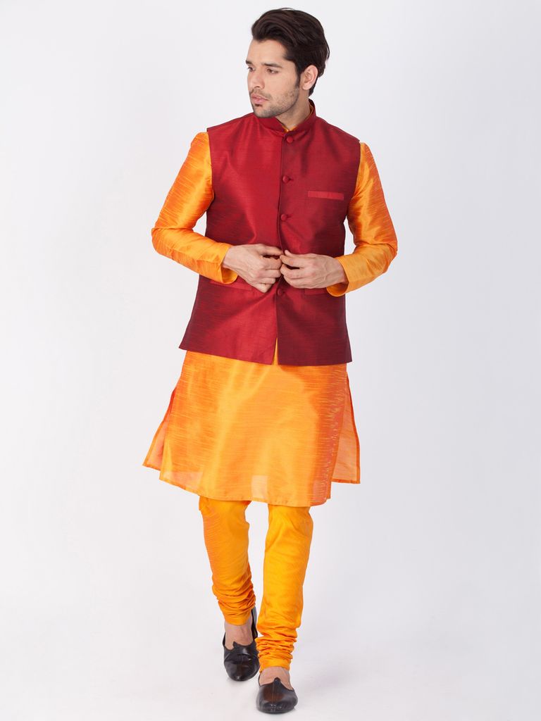 Orange Kurta Pajama With Maroon Jacket