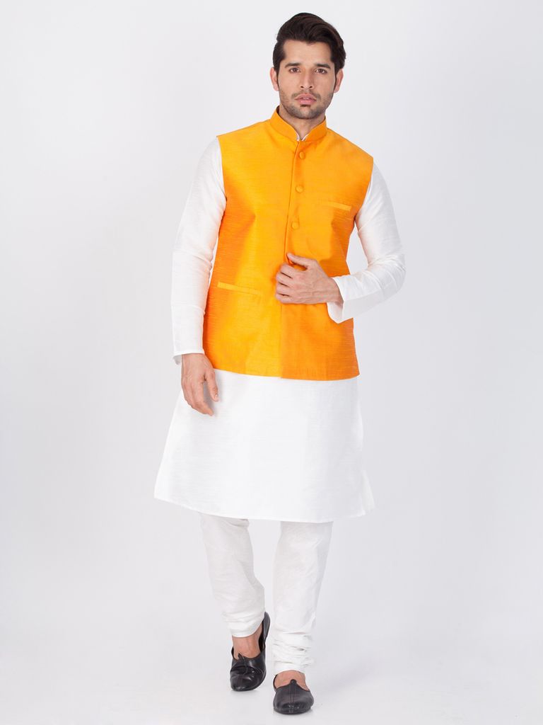 White Kurta Pajama With Saffron Jacket