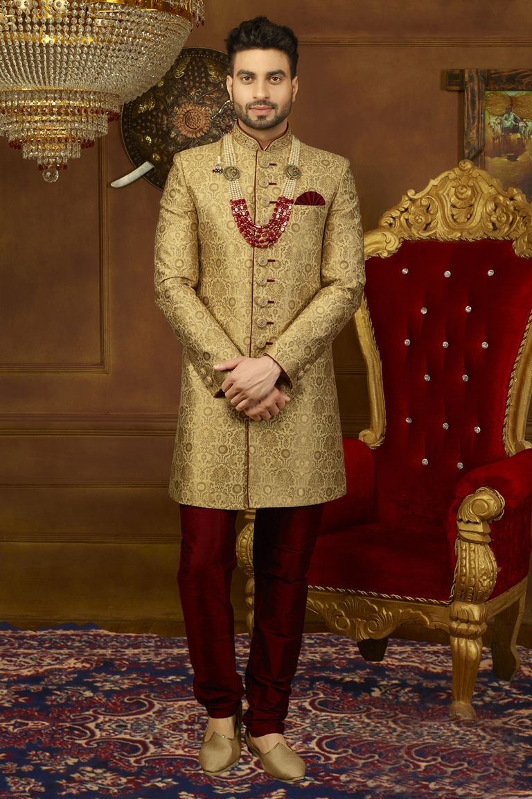 Stylish Embroidered Golden Indo Western Sherwani