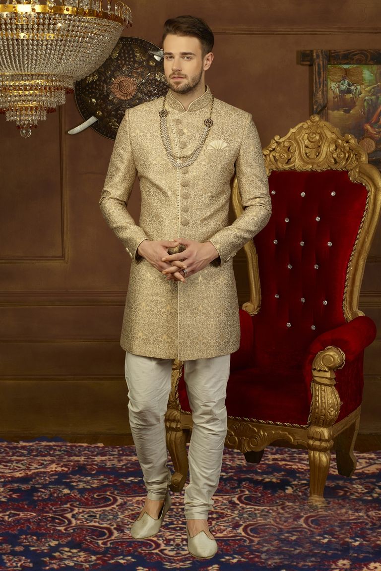 Classic Silk Jacquard Gold Indo Western Sherwani