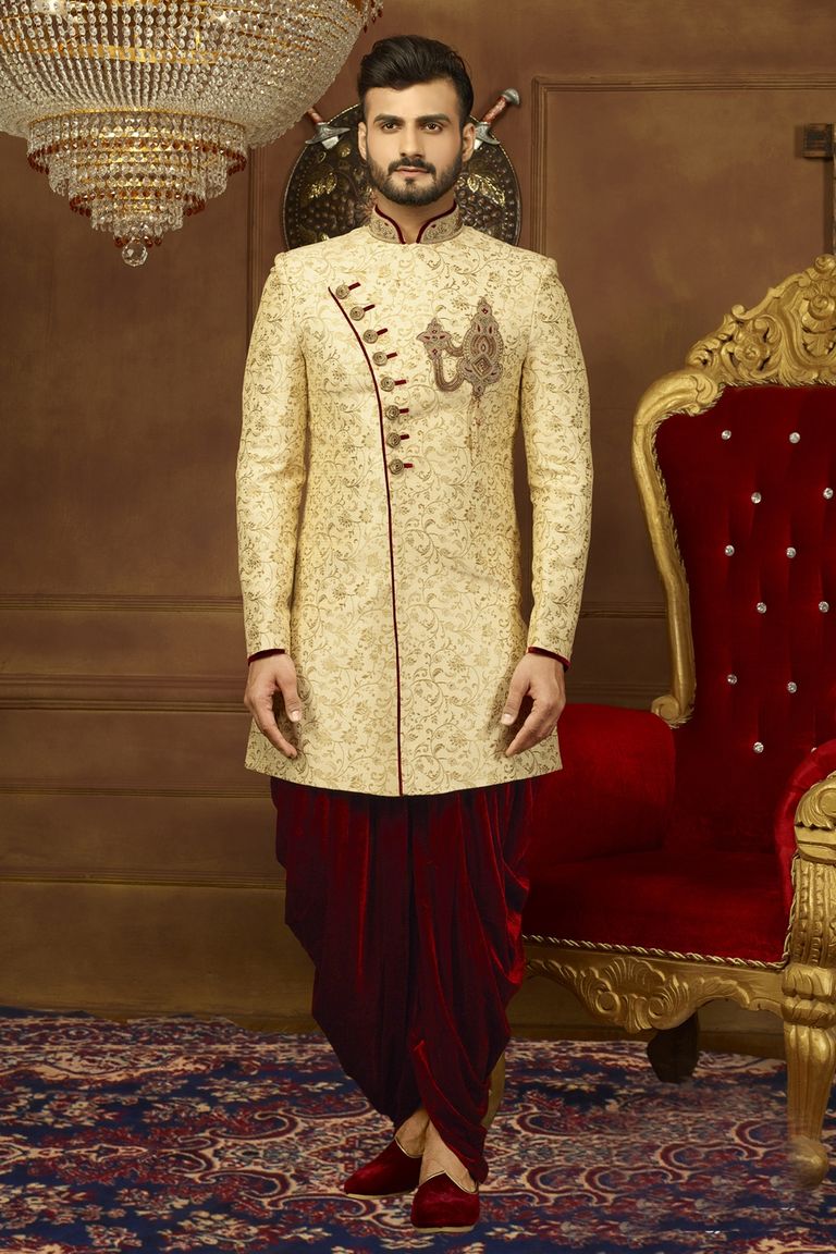 Alluring Cream And Maroon Silk Indo Western Sherwani