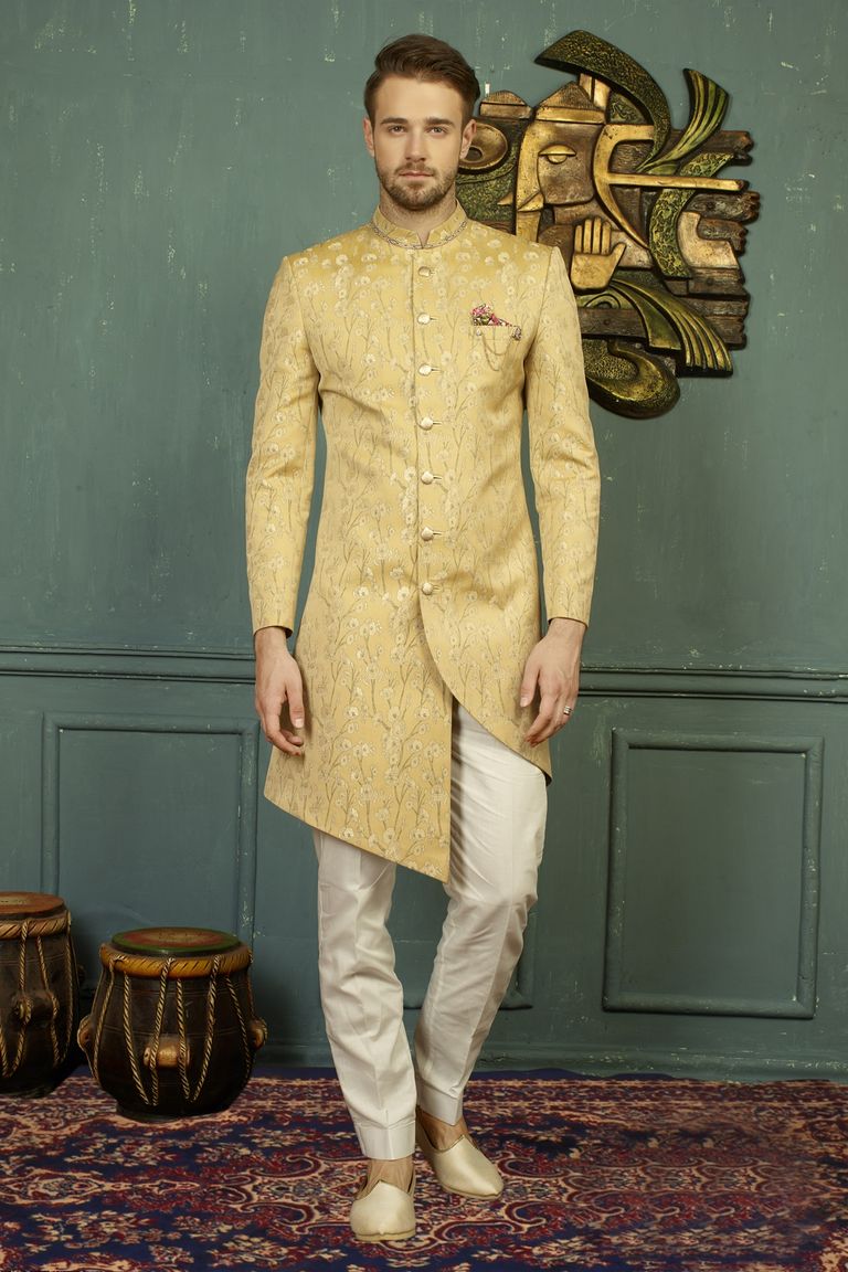 Purely Traditional Golden Asymmetrical Indo Western Sherwani