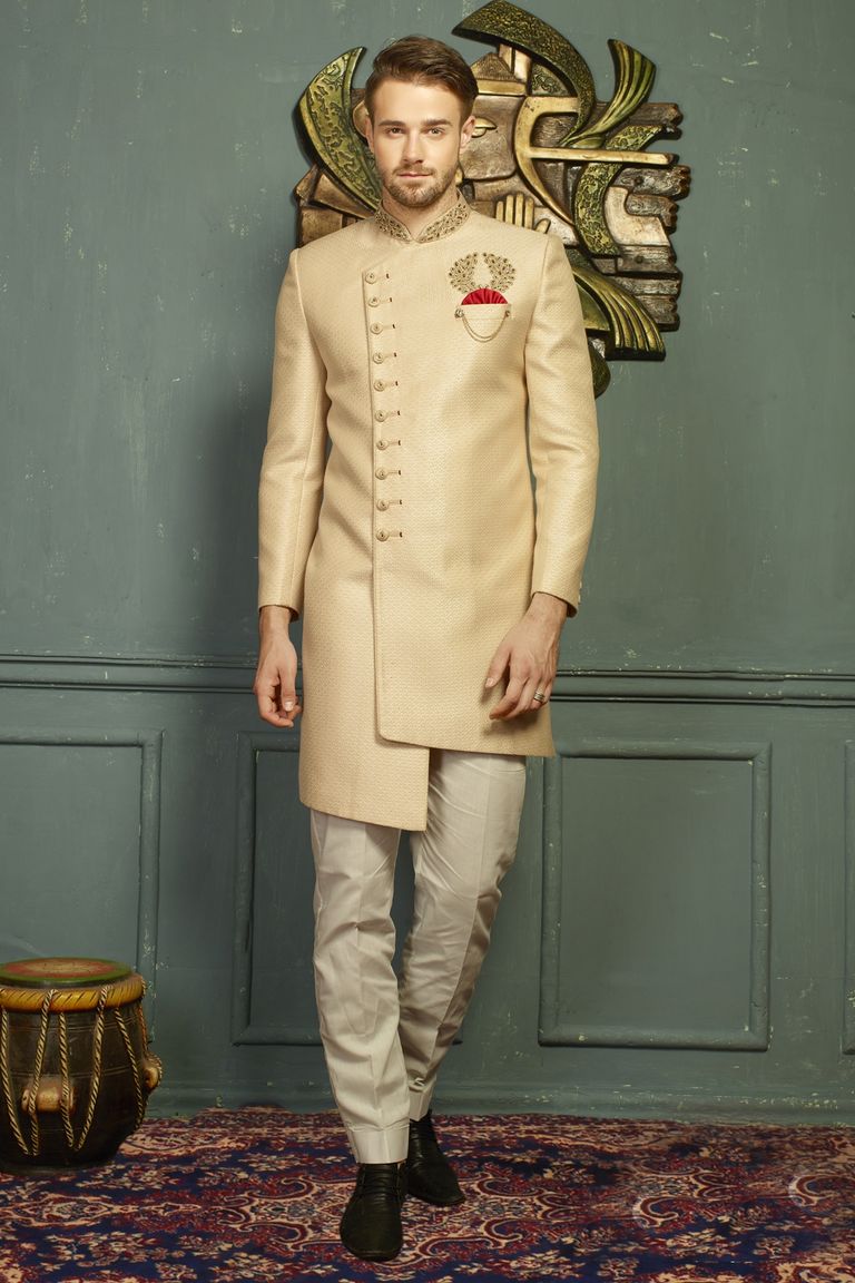 Imported Jaqurd Asymmetrical Beige Indo Western Sherwani