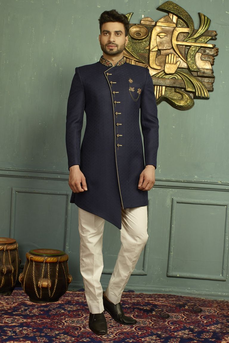 Asymmetrical Blue Indo Western Sherwani