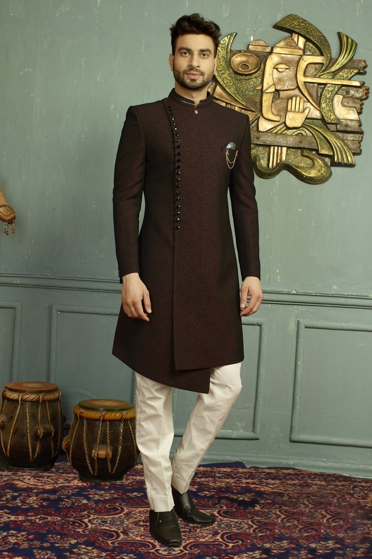 Wine Black Asymmetrical Indo Western Sherwani
