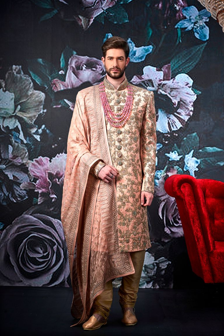 Asymmetrical Peach Wedding Sherwani For Groom