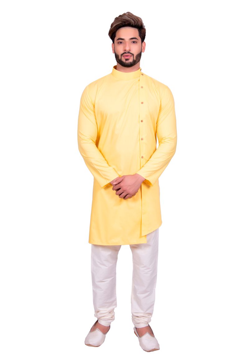 Exquisite Yellow Cotton Indo Western Sherwani