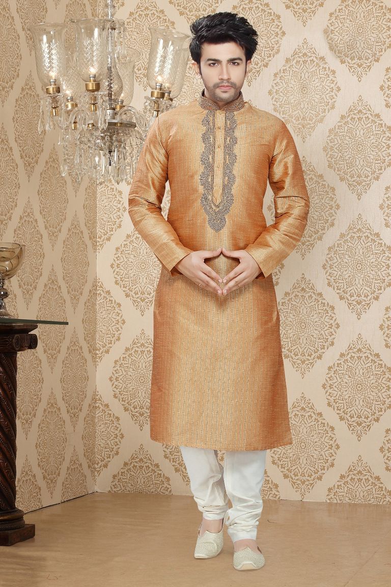 Stunning Orange Color Embroidery Kurta Payjama