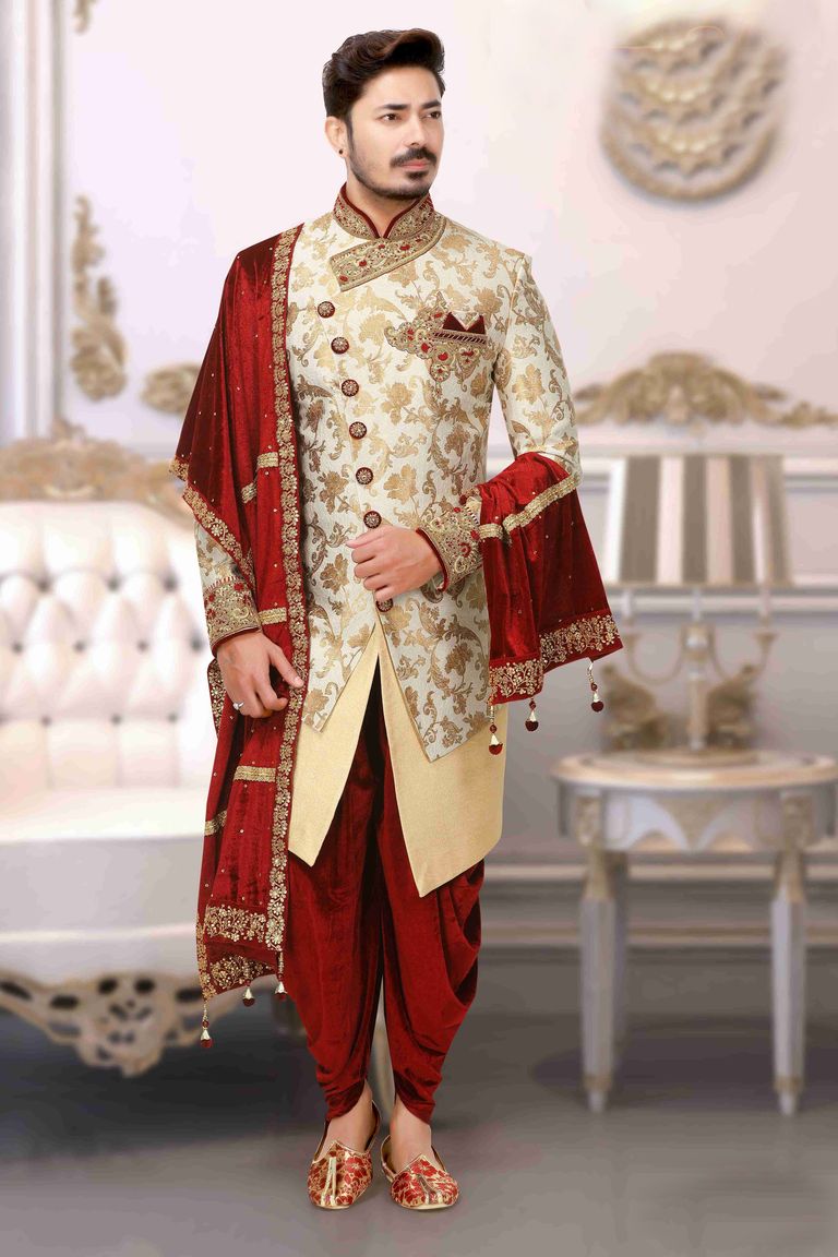 Stylish Groom Embroidered Wedding Dhoti Sherwani