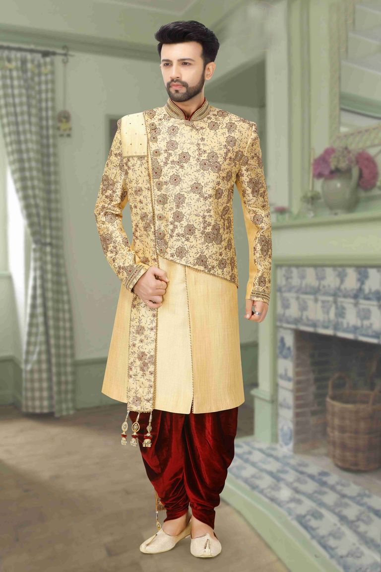 Elegant Fawn Wedding Dhoti Sherwani