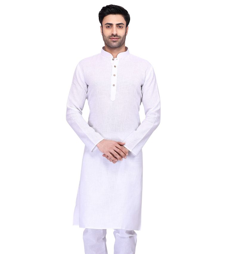 White Cotton Plain Kurta For Men