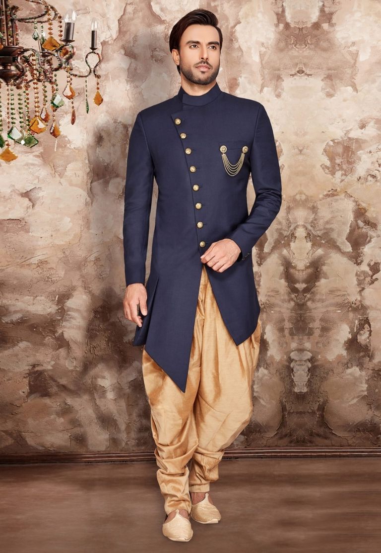 Elegant Navy Blue Silk Indo Western Sherwani